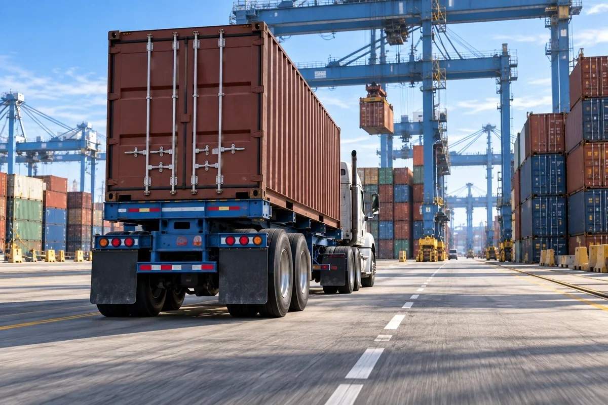Container truck moving through an active shipping port
