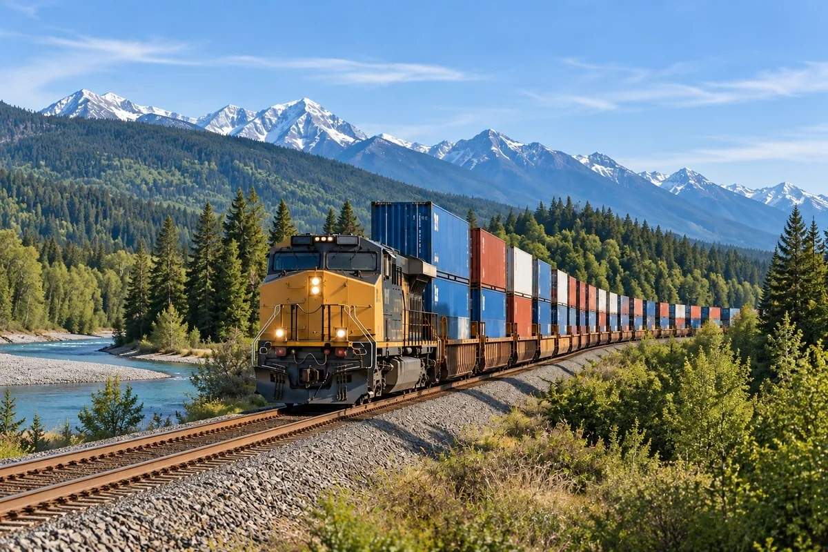 Intermodal container train moving freight by rail